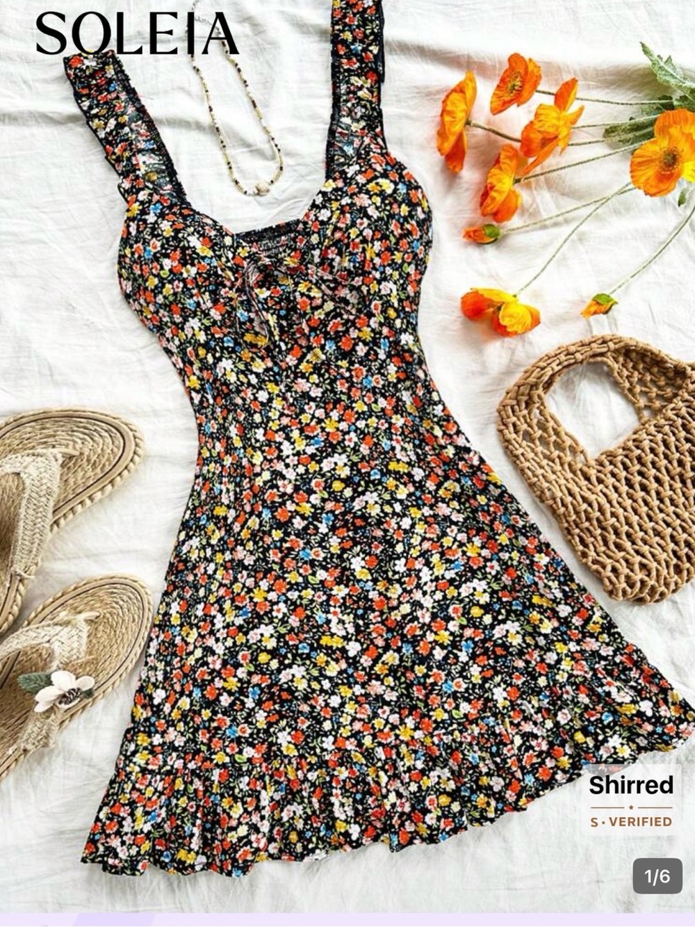 SHEIN Black Floral Tie-Front Shirred Mini Dress